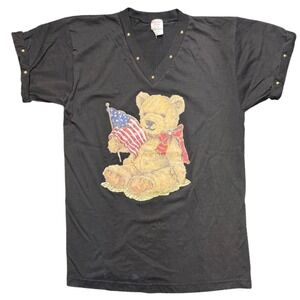 Vintage Penney Lynn USA Teddy Bear Flag Studded V-Neck Tee Black Medium‎